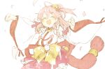  1girl abara_heiki ahoge bell cherry_blossom_print clenched_hands closed_eyes detached_sleeves floral_print hair_bell hair_ornament hairclip hololive open_mouth paw_print_pattern petals pink_hair sakura_miko solo upper_teeth virtual_youtuber white_background x_hair_ornament 