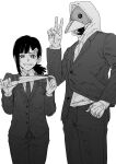  1boy 1girl black_hair black_neckwear black_pants black_suit business_suit chainsaw_man collared_shirt formal greyscale hair_ornament hand_in_pocket height_difference higashiyama_kobeni highres holding holding_knife holding_weapon hood hoodie knife looking_at_viewer mask mole mole_above_mouth mole_under_eye mole_under_mouth monochrome multiple_moles necktie nervous_smile otsudou pants ponytail shirt smile suit sweat v violence_devil_(chainsaw_man) weapon white_background 