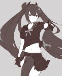  1girl black_eyes black_gloves black_hair black_legwear black_shirt black_skirt bow bowtie eyebrows_visible_through_hair feet_out_of_frame ff_frbb122 girls_frontline gloves greyscale hair_bun hair_ornament hand_up highres knee_up long_hair looking_away monochrome ouroboros_(girls_frontline) school_uniform serafuku shirt simple_background single_thighhigh skirt smile solo thigh-highs twintails 