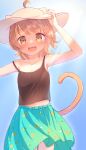  1girl :d absurdres ahoge animal_ears annin_miru annin_miru_channel blonde_hair bloom cowboy_shot day hat highres light_rays looking_at_viewer maka_neko open_mouth outdoors short_hair smile solo standing tail virtual_youtuber yellow_eyes 