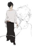  1boy bandaged_hand black_footwear black_hair brown_eyes closed_mouth collarbone eyebrows_visible_through_hair eyes_visible_through_hair hair_over_one_eye highres holding holding_bandages katagiri_ikumi male_focus original parted_lips sketch solo standing 