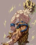  1boy abs aura blonde_hair blood blood_on_face dougi dragon_ball dragon_ball_z green_pants highres large_pectorals male_focus muscular muscular_male navel nipples pants shirtless short_hair solo son_goku spiky_hair stomach super_saiyan super_saiyan_1 tarutobi torn_clothes torn_pants 