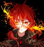  1boy bangs black_background black_coat black_shirt coat commentary_request diluc_(genshin_impact) fire genshin_impact high_collar highres long_hair looking_at_viewer male_focus nagikiho parted_lips ponytail portrait red_eyes redhead shirt simple_background solo 