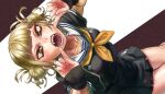  1girl 4o080_yotabnc bangs black_serafuku blonde_hair blunt_bangs boku_no_hero_academia brown_background commentary_request double_bun fangs fingers_to_mouth highres messy_hair open_mouth pleated_skirt school_uniform serafuku short_hair skirt solo teeth toga_himiko two-tone_background white_background yellow_eyes yellow_neckwear 