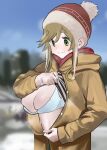  1girl blue_sky blurry blurry_background blush bra breasts breasts_outside brown_jacket character_request closed_mouth copyright_request eyebrows_visible_through_hair green_eyes hair_between_eyes hat highres hood hood_down hooded_jacket jacket jikatarou lifted_by_self long_hair navel outdoors skindentation sky solo steam steaming_body striped sweat tree underwear white_bra winter_clothes 