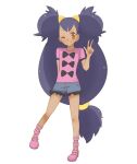  1girl ;| blue_shorts bow_print cosplay dark_skin dark-skinned_female frilled_shorts frills high_heels iris_(pokemon) long_hair low-tied_long_hair neko19920311 one_eye_closed pink_footwear pink_shirt pokemon pokemon_(anime) pokemon_bw_(anime) pokemon_xy_(anime) purple_hair shauna_(pokemon) shauna_(pokemon)_(cosplay) shirt shoes short_shorts shorts solo tied_hair twintails very_long_hair yellow_eyes 