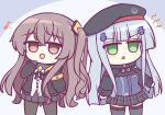  2girls armband bangs beret black_legwear blue_hair blunt_bangs brown_eyes brown_hair chibi girls_frontline green_eyes hair_between_eyes hat hk416_(girls_frontline) jacket kashimu lono multiple_girls open_mouth pantyhose plaid plaid_skirt pleated_skirt skirt standing thighs ump45_(girls_frontline) 