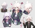  1boy :d absurdres bangs black_jacket brown_jacket chain closed_eyes coat collar commentary_request crazy_eyes crossed_arms danchu_(danchu0628) dangan_ronpa_(series) dangan_ronpa_2:_goodbye_despair dangan_ronpa_3_(anime) dangan_ronpa_another_episode:_ultra_despair_girls drooling green_coat grey_background hand_up highres hood hood_down hooded_coat hope&#039;s_peak_academy_school_uniform jacket komaeda_nagito looking_at_viewer male_focus metal_collar necktie number official_alternate_costume open_clothes open_jacket open_mouth print_shirt profile red_neckwear school_uniform shirt short_hair simple_background sketch smile sweat upper_body upper_teeth white_shirt 