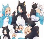  1boy 1girl ? animal_ears black_coat black_hair blonde_hair blue_coat cat_ears cat_tail coat flower genshin_impact green_hair grin hug jacket lumine_(genshin_impact) ochasuke_(corono) smile tail translation_request white_background xiao_(genshin_impact) 