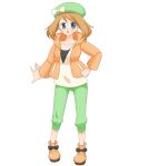  1girl bag bianca_(pokemon) bianca_(pokemon)_(cosplay) blue_eyes blush bow brown_hair closed_mouth copyright_name cosplay green_headwear green_pants hand_on_hip hat hat_bow long_sleeves looking_at_viewer may_(pokemon) medium_hair neko19920311 pants pokemon pokemon_(anime) pokemon_(game) pokemon_bw2 pokemon_rse_(anime) shoulder_bag solo white_bow 