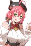  1girl :d ahoge bare_shoulders bell black_headwear blush bow bow_(bhp) bowtie breasts glasses green_eyes hand_up hat hololive jingle_bell large_breasts looking_at_viewer obi open_mouth pink_hair red-framed_eyewear red_bow red_neckwear sakura_miko sash semi-rimless_eyewear simple_background smile solo under-rim_eyewear upper_body virtual_youtuber white_background 