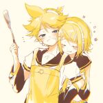  1boy 1girl apron arm_warmers banana_print bangs bass_clef black_collar black_sleeves blonde_hair blue_eyes chromatic_aberration closed_eyes collar grin hair_ornament hairclip hand_up hands_on_another&#039;s_arm head_on_another&#039;s_shoulder headphones headset highres holding holding_spatula kagamine_len kagamine_rin looking_at_viewer oyamada_gamata sailor_collar school_uniform shirt short_hair short_ponytail short_sleeves smile spatula spiky_hair swept_bangs upper_body vocaloid white_shirt yellow_apron yellow_neckwear 