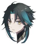  1boy ahoge black_hair face facial_mark genshin_impact green_hair highres looking_at_viewer male_focus multicolored multicolored_hair parted_lips simple_background solo turtleneck unapyo_00 upper_body white_background xiao_(genshin_impact) yellow_eyes 