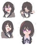  1girl :d black_neckwear black_ribbon brown_hair closed_eyes closed_mouth collared_shirt enkyo_yuuichirou expressions flying_sweatdrops grey_jacket hair_between_eyes hair_ornament hairclip highres jacket looking_at_viewer medium_hair multiple_views neck_ribbon open_mouth original ribbon round_teeth school_uniform serious shirt smile sweat teeth upper_teeth violet_eyes white_shirt wing_collar 