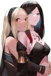  2girls bare_shoulders black_hair blazpu blonde_hair blue_eyes blush breasts cape closed_mouth collarbone crow_(gravity_daze) detached_sleeves dress eyelashes forehead gravity_daze hairband highres hug hug_from_behind kitten_(gravity_daze) looking_at_viewer medium_breasts multicolored_hair multiple_girls parted_lips red_eyes redhead shiny shiny_hair sideboob sidelocks simple_background smile strapless strapless_dress streaked_hair upper_body white_background 