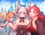  3girls :d absurdres animal_ear_fluff animal_ears bare_shoulders blush breasts brown_hair cape castle confetti detached_sleeves eyelashes highres king&#039;s_raid kirze large_breasts looking_at_viewer may_(king&#039;s_raid) multiple_girls open_mouth redhead silver_hair smile upper_body yu_mochi_(kamiinu) yuno_(black_clover) 