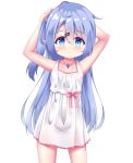  1girl absurdres ahoge armpits arms_behind_head arms_up blue_eyes blue_hair child dress elf hair_ornament hairclip highres jewelry kianata long_hair original pendant pointy_ears side_ponytail simple_background smile solo sundress white_background white_dress 