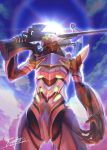  character_request clouds cloudy_sky extra_eyes glowing glowing_eyes green_eyes gun holding holding_gun holding_weapon lens_flare light_rays mecha neon_genesis_evangelion no_humans outdoors over_shoulder post-apocalypse rainbow ruins signature sky totthii0081 weapon weapon_over_shoulder 