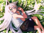  1girl animal_ear_fluff animal_ears barefoot field flower flower_field fox_ears fox_girl fox_tail green_eyes hair_down highres hololive long_hair looking_up lying shirakami_fubuki shorts silou_b smile solo tail very_long_hair white_hair 