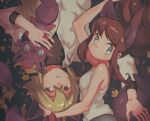  1boy 1girl bangs bare_arms brown_eyes brown_hair burakku_mutou collared_shirt commentary_request eyelashes from_above gen_5_pokemon green_hair hair_between_eyes hilda_(pokemon) holding holding_pokemon long_hair looking_to_the_side n_(pokemon) parted_lips pokemon pokemon_(creature) pokemon_(game) pokemon_bw pokemon_ears pokemon_tail shirt sidelocks sleeveless undershirt white_shirt zorua 