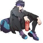  1boy arm_on_knee bag black_coat black_hair black_pants blue_eyes blue_headband breath coat duffel_bag elbow_on_knee full_body headband highres long_sleeves male_focus messy_hair minamino_tetsuo pants shoes sitting sleeveless sneakers solo taiso_samurai tetsu_(teppei) thermos white_background 