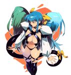  1girl artist_name asymmetrical_hair black_legwear blue_hair breasts closed_mouth dizzy_(guilty_gear) guilty_gear hair_ribbon highres large_breasts long_hair long_sleeves looking_to_the_side navel necro_(guilty_gear) optionaltypo red_eyes ribbon standing tail tail_ornament tail_ribbon thigh-highs undine_(guilty_gear) white_background yellow_ribbon 