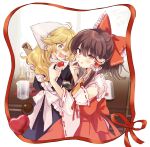  2girls :q absurdres apron ascot bandana bangs beaker black_dress blonde_hair blush bow brown_hair chocolate closed_mouth cooking detached_sleeves dress eyebrows_visible_through_hair fang fork frilled_apron frills frown hair_bow hair_tubes hakurei_reimu heart highres holding holding_fork kirisame_marisa licking long_hair looking_at_another looking_back medium_dress medium_skirt multiple_girls nontraditional_miko open_mouth ponytail poprication red_bow red_shirt red_skirt ribbon-trimmed_sleeves ribbon_trim shirt sidelocks skin_fang skirt skirt_set smile standing sweatdrop symbol_commentary test_tube tongue tongue_out touhou white_apron white_sleeves yellow_eyes yellow_neckwear 