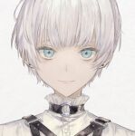  1boy bishounen blue_eyes choker closed_mouth cropped earrings frills grey_background highres jewelry looking_at_viewer male_focus nanaju_ko o-ring o-ring_choker original pink_lips smile solo stud_earrings upper_body white_hair 
