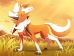  claws clouds commentary_request full_body gen_7_pokemon grass kemonobito looking_back lycanroc lycanroc_(dusk) no_humans outdoors pokemon pokemon_(creature) sky solo standing 
