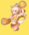  1girl :3 ;d animal_ear_fluff animal_ears ashes bangs bare_arms bare_shoulders blunt_bangs blurry cheerleader choker crop_top depth_of_field dog_ears dog_girl dog_tail fang foreshortening from_above hair_ornament hairclip high_ponytail highres king&#039;s_raid light_brown_hair long_hair looking_at_viewer midriff miniskirt navel no_bra one_eye_closed open_mouth orange_shirt pleated_skirt pom_poms shirt simple_background skin_tight skirt smile solo tail two-tone_shirt white_skirt x_hair_ornament yellow_background yu_mochi_(kamiinu) 