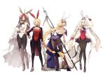  4girls animal_ears back backless_leotard bare_shoulders blonde_hair blue_eyes breasts bunny_tail choker eyebrows_visible_through_hair fate/grand_order fate_(series) frankenstein&#039;s_monster_(fate) full_body gloves green_eyes hair_over_eyes hand_on_hip high_heels highres holding holding_tray horns jacket jeanne_d&#039;arc_(fate) jeanne_d&#039;arc_(fate)_(all) large_breasts leotard long_hair long_sleeves looking_at_viewer marie_antoinette_(fate) mordred_(fate) mordred_(fate)_(all) multiple_girls no-kan pantyhose pink_hair playboy_bunny rabbit_ears simple_background single_horn sleeveless standing strapless strapless_leotard tail teeth thigh_strap tongue tray twintails very_long_hair violet_eyes white_background 