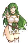  1girl absurdres armor breasts elbow_gloves erinys_(fire_emblem) fingerless_gloves fire_emblem fire_emblem:_genealogy_of_the_holy_war gloves green_eyes green_hair highres long_hair looking_at_viewer medium_breasts no_panties pelvic_curtain simple_background smile solo tridisart white_background 