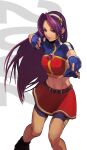  1girl asamiya_athena blue_gloves earrings fighting_stance gauss_&lt;bokashi gloves grey_hairband hairband highres jewelry long_hair midriff navel number purple_hair red_skirt single_earring skirt the_king_of_fighters the_king_of_fighters_2002 toned turtleneck 