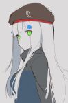  1girl absurdres bangs beret black_headwear breasts closed_mouth eyebrows_visible_through_hair ff_frbb122 girls_frontline green_eyes grey_background grey_hair hat highres hk416_(girls_frontline) jacket long_hair looking_at_viewer multicolored multicolored_clothes multicolored_jacket profile solo uniform 