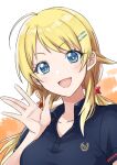  1girl blonde_hair blue_eyes blush commentary_request eyelashes hachimiya_meguru hair_ornament hairclip happy idolmaster idolmaster_shiny_colors light_blush long_hair looking_at_viewer open_mouth shirt sketch smile solo tsukikage_oyama twintails 