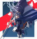  1girl armor blue_eyes blue_hair cape falchion_(fire_emblem) fingerless_gloves fire_emblem fire_emblem_awakening gloves hair_between_eyes highres long_hair looking_at_viewer lucina_(fire_emblem) open_mouth simple_background solo sword tiara vibratix weapon 