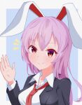  1girl closed_mouth commentary_request hand_up highres long_hair looking_at_viewer notice_lines purple_hair red_eyes reisen_udongein_inaba smile solo tasuku_(tusktouhou4) touhou upper_body 