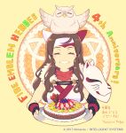  1girl :d animal_on_head anniversary bird bird_on_head blush_stickers brown_hair cake closed_eyes copyright_name enkyo_yuuichirou facing_viewer fire_emblem fire_emblem_heroes food fox_mask framed hana_(fire_emblem) headband holding holding_cake holding_food holding_tray mask mask_on_shoulder on_head open_mouth owl signature smile solo translation_request tray upper_body 