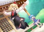  2girls ^_^ ahoge araki_(qbthgry) architecture blonde_hair blue_eyes blue_hair cirno closed_eyes commentary_request dutch_angle east_asian_architecture happy jumping looking_at_another multiple_girls outstretched_arms rumia short_hair sitting thigh-highs touhou |d 