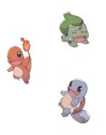  ;d absurdres blue_eyes brown_eyes bulbasaur charmander closed_eyes commentary_request fangs fire flame gen_1_pokemon highres no_humans odd_(hin_yari) one_eye_closed open_mouth pokemon pokemon_(creature) simple_background smile squirtle starter_pokemon_trio tongue white_background 