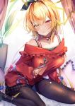  1girl blonde_hair bow bra_strap choker curtains eyebrows_visible_through_hair hair_bow hair_intakes heterochromia highres hoshikawa_sara long_hair mizurapi nijisanji off_shoulder pantyhose plant potted_plant pout red_eyes sitting sleeves_past_wrists solo union_jack virtual_youtuber wariza yellow_eyes 