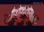  3girls :d animal_ears arm_garter black_gloves black_neckwear black_pants black_vest cerberus_(helltaker) collared_shirt commentary demon_girl demon_tail dog_ears dog_girl fang gloves hands_together helltaker hug hug_from_behind letterboxed long_hair long_sleeves looking_at_viewer low-tied_long_hair multiple_girls necktie open_mouth pants red_background red_eyes red_shirt shirt siblings silver_hair sisters smile subway_sum tail triplets twitter_username vest waistcoat white_hair 