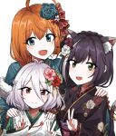  3girls ahoge animal_ear_fluff animal_ears black_hair black_kimono blue_eyes blue_flower braid braided_ponytail cat_ears cat_tail double_v eyebrows_visible_through_hair feather_boa floral_print flower french_braid green_eyes green_kimono hair_between_eyes hair_flower hair_ornament hair_ribbon hand_on_another&#039;s_shoulder highres japanese_clothes karyl_(princess_connect!) kimono kokkoro_(princess_connect!) lix long_hair medium_hair multicolored_hair multiple_girls orange_hair pecorine_(princess_connect!) pink_flower pointy_ears princess_connect! princess_connect!_re:dive purple_flower red_flower ribbon silver_hair simple_background smile streaked_hair tail v violet_eyes white_background white_flower white_kimono 