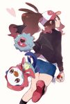  1girl baseball_cap blue_shorts brown_hair closed_mouth commentary_request eyelashes gen_5_pokemon hat heart highres hilda_(pokemon) holding holding_poke_ball jacket looking_back ohds101 oshawott poke_ball poke_ball_(basic) pokemon pokemon_(creature) pokemon_(game) pokemon_bw ponytail shirt short_shorts shorts sidelocks simple_background smile starter_pokemon white_background white_shirt woobat 