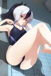  1girl absurdres arm_up armpits ass bare_arms bare_legs bare_shoulders barefoot black_choker black_hair black_swimsuit blue_archive breasts bright_pupils choker ear_piercing frown highres horns huge_filesize kayoko_(blue_archive) legs legs_up long_hair looking_at_viewer lying multicolored_hair on_back one-piece_swimsuit parted_lips piercing red_eyes seicoh shaded_face small_breasts solo swimsuit thighs two-tone_hair white_hair 