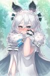  1girl animal_ears bangs blue_eyes blush braid cape covering_face crown_braid embarrassed eyelashes fur-trimmed_cape fur_trim highres long_hair noel_(pride_of_eden) red:_pride_of_eden silver_hair solo swept_bangs twin_braids upper_body white_hair wrist_cuffs yu_mochi_(kamiinu) 