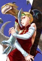  1girl 4o080_yotabnc bare_shoulders blonde_hair boku_no_hero_academia china_dress chinese_clothes claws commentary_request detached_sleeves dragon dragon_girl dress dual_persona ear_piercing head_wings headband highres piercing ryuukyuu sharp_teeth short_hair teeth 