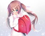  1girl backpack bag bangs blue_eyes blush breath brown_hair eyebrows_visible_through_hair gradient gradient_background grey_background hair_between_eyes hair_ribbon jacket long_hair long_sleeves looking_at_viewer looking_back open_mouth original pink_scarf ponpon_(tosico) purple_ribbon randoseru ribbon scarf sleeves_past_wrists snowflakes solo twintails upper_body very_long_hair white_background white_jacket 