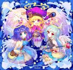  3girls ;d angel_wings aqua_skirt blonde_hair blue_dress blue_eyes blue_hair blue_neckwear blush character_request collaboration cravat dress feathered_wings halo hat headband hibi89 holding holding_staff holding_telescope kneeling long_hair long_sleeves looking_at_viewer merc_storia multiple_girls one_eye_closed open_mouth purple_headwear red_eyes seiza shirt shorts sitting skirt smile staff star_(symbol) tabard telescope violet_eyes white_shirt white_wings wings 
