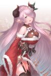  1girl :d bare_shoulders black_legwear blue_eyes braid breasts christmas cowboy_shot draph dress eyelashes from_side fur-trimmed_dress fur-trimmed_sleeves fur_trim garter_straps granblue_fantasy hair_over_one_eye highres horns large_breasts light_blush light_purple_hair long_hair looking_at_viewer narmaya_(granblue_fantasy) open_mouth pointy_ears red_sleeves santa_costume see-through shirt single_braid sleeveless sleeves_past_fingers sleeves_past_wrists smile solo thigh-highs underbust very_long_hair white_shirt yu_mochi_(kamiinu) 